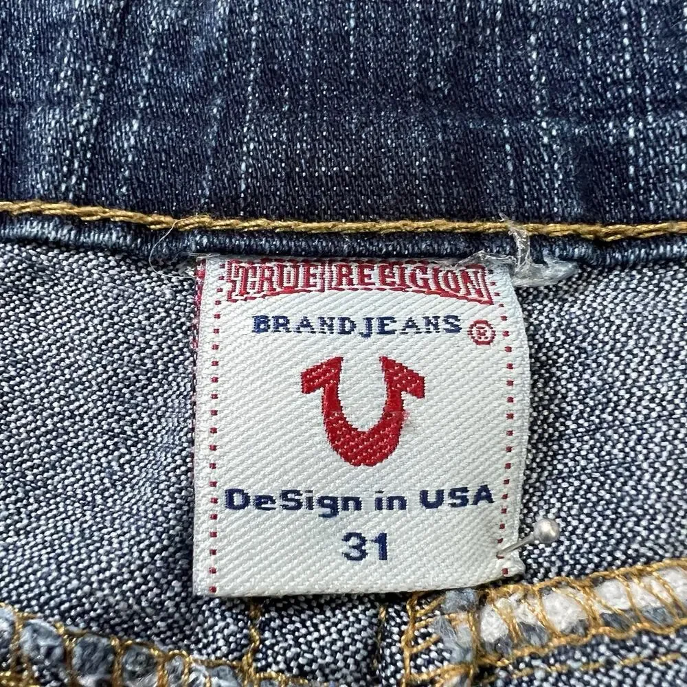 True Religion Jeans Size 31 Blue Denim Painted Red Horseshoe Logo Medium Wash